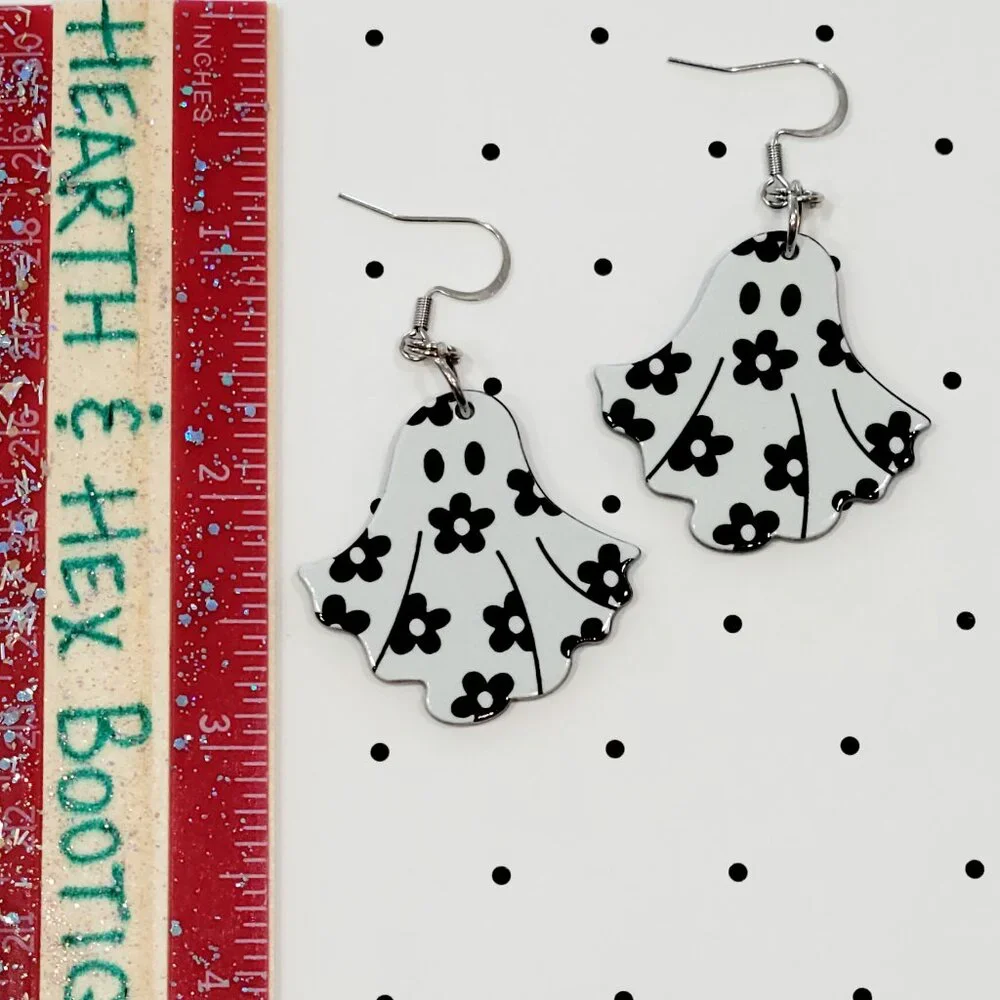 Black and White Retro Flower Ghost Earrings Stainless Steel Hooks Summerween - Picture 5 of 7